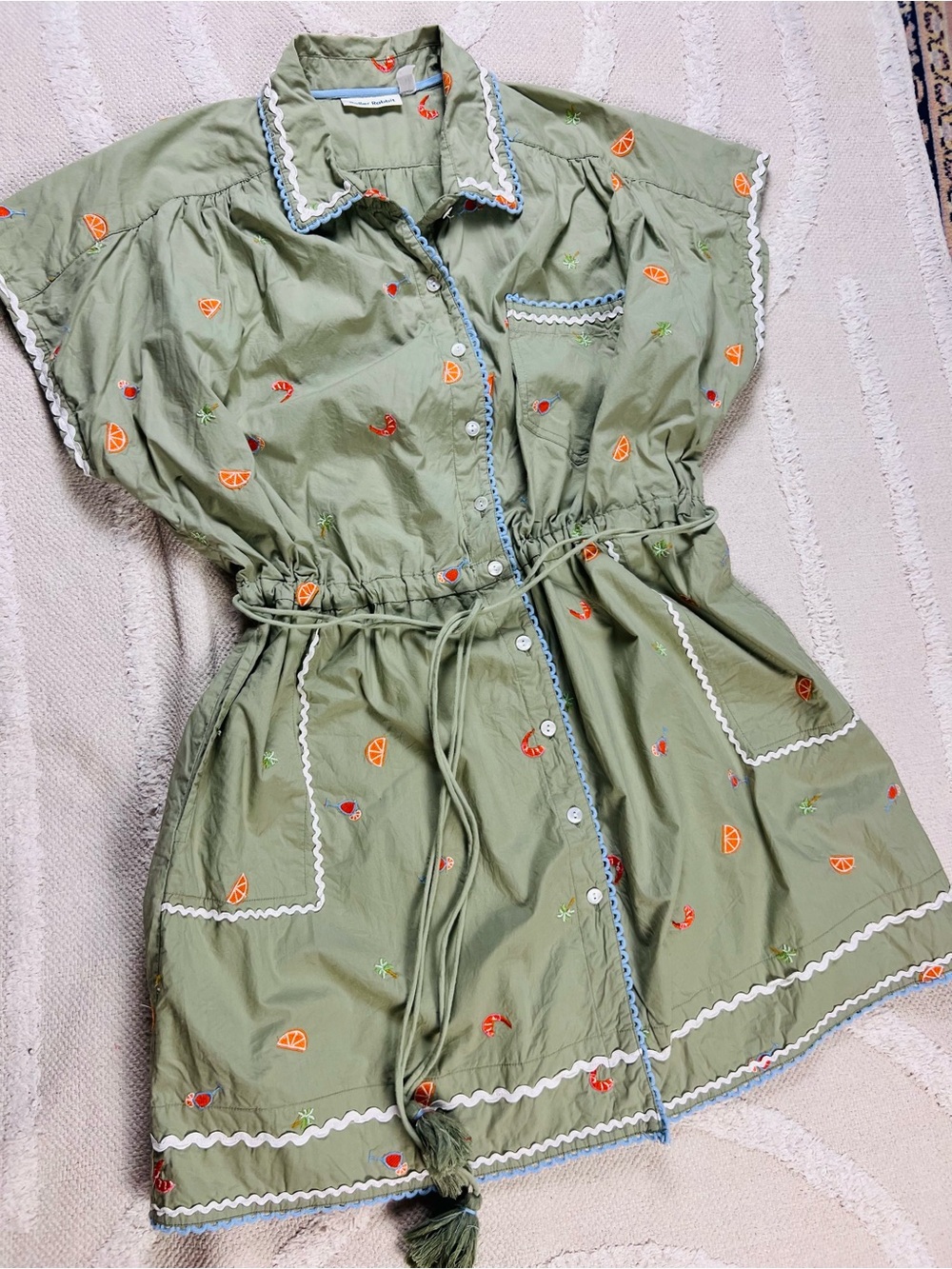 Roller Rabbit Ocaso Ellyott Dress – Olive Embroidered Shirt Dress –100% Cotton L - Picture 15 of 15